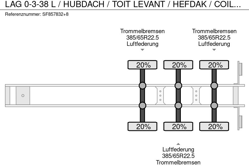 Semi-remorque rideaux coulissants LAG 0-3-38 L / HUBDACH / TOIT LEVANT / HEFDAK / COIL / COILMULDE / FOSSE Á BOBINE